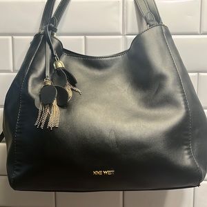 Nine West Black Satchel W/ 2 Gold Flower tassels on strap & Gold Hardware